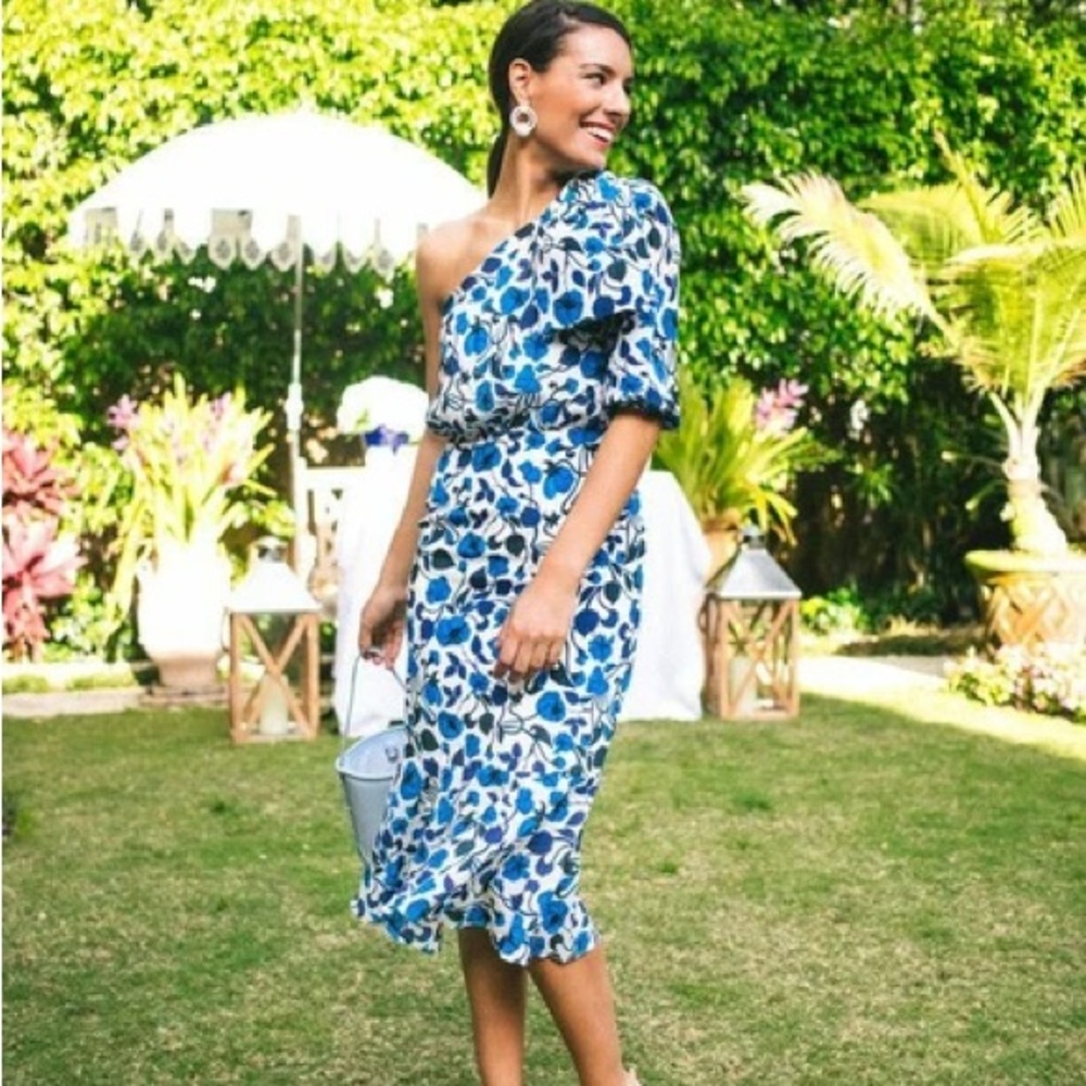 Saloni Juliet Silk Dress in Forget Me Not One Shoulder Blue Floral Print Size 2 - Picture 2 of 7